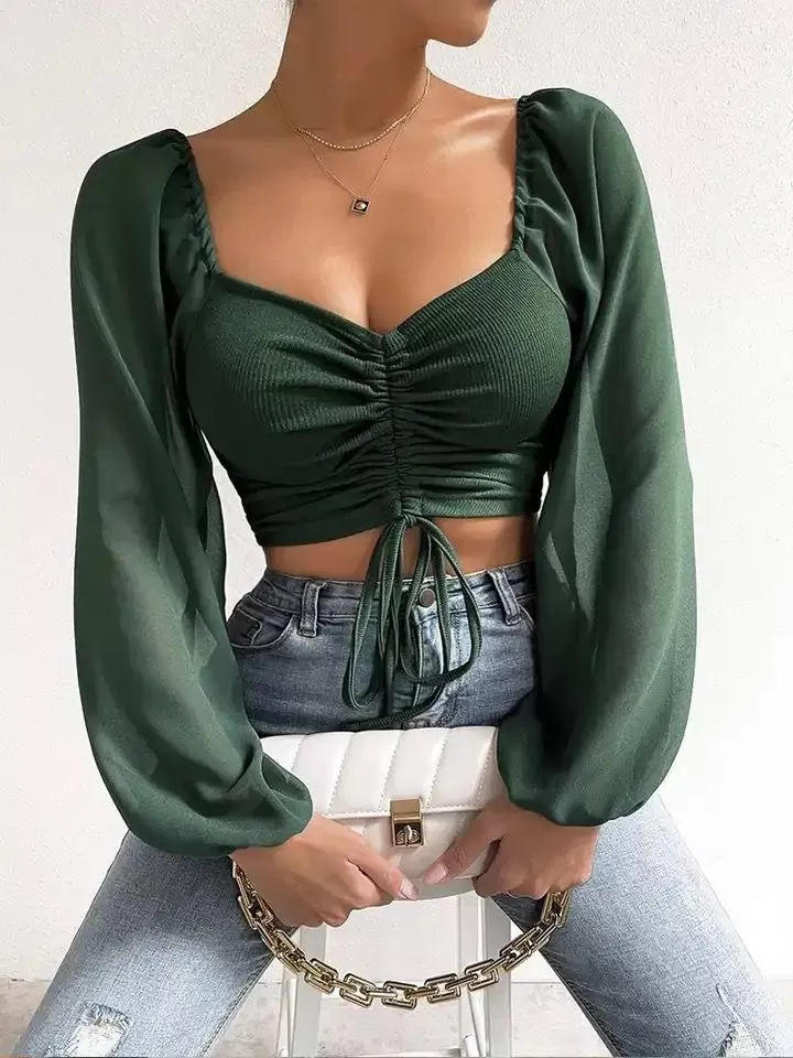 Jenny Drawstring Lantern Sleeve CropTop