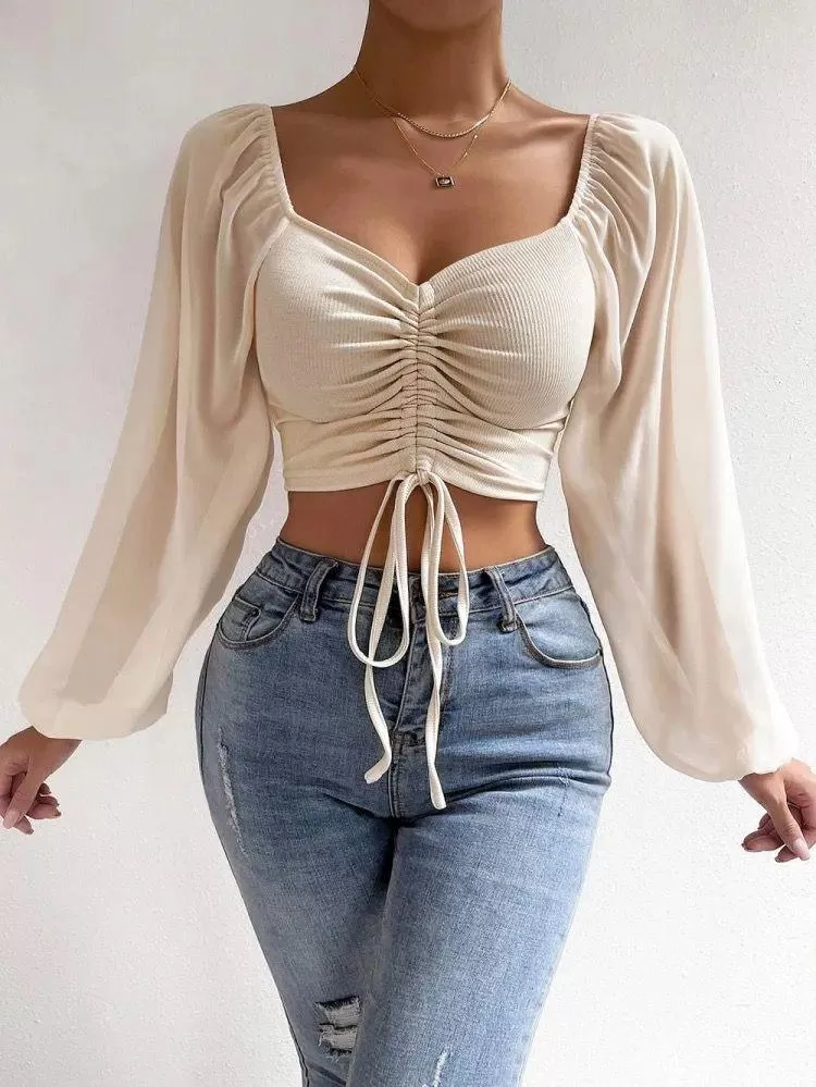 Jenny Drawstring Lantern Sleeve CropTop