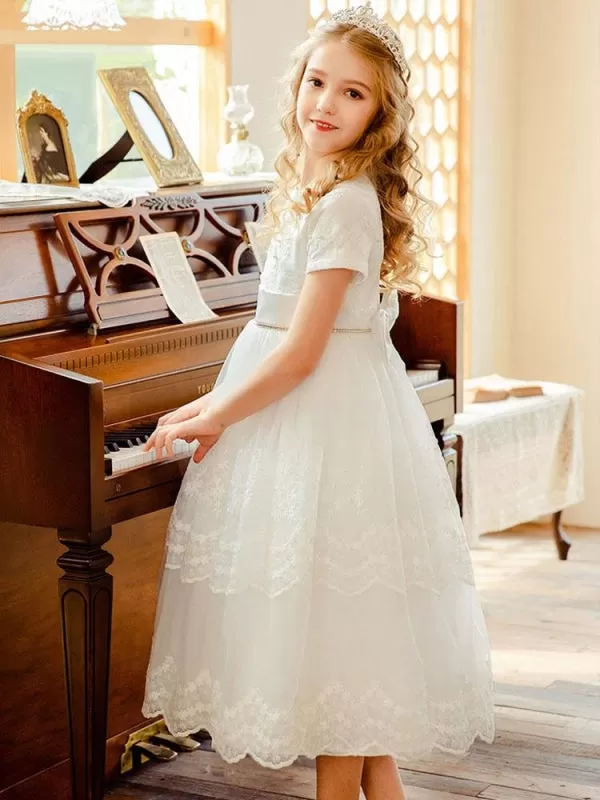 Jewel Neck Lace Short Sleeves Flower Girl Dresses White Tea-Length A-Line Lace Formal Kids Pageant Dresses