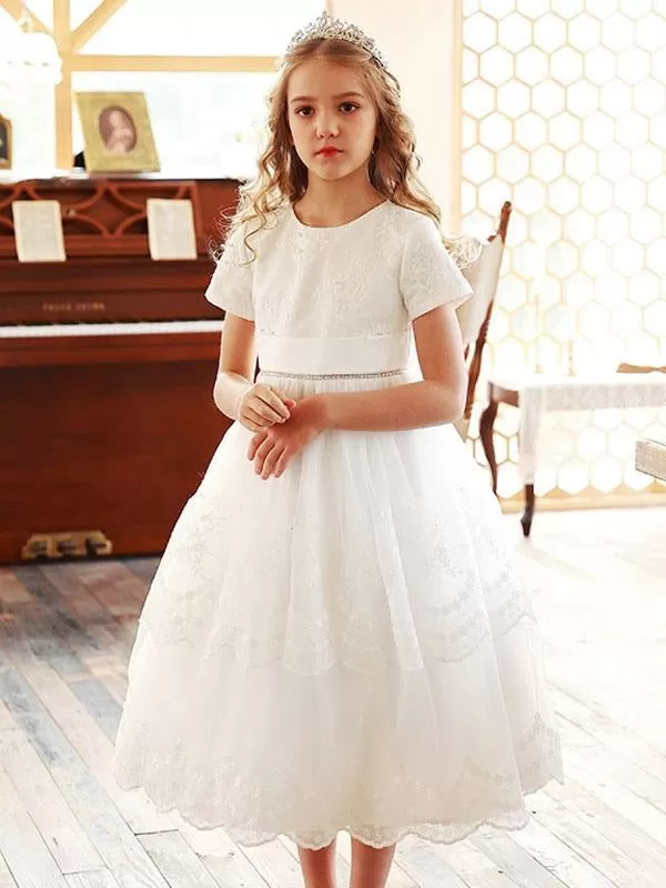 Jewel Neck Lace Short Sleeves Flower Girl Dresses White Tea-Length A-Line Lace Formal Kids Pageant Dresses