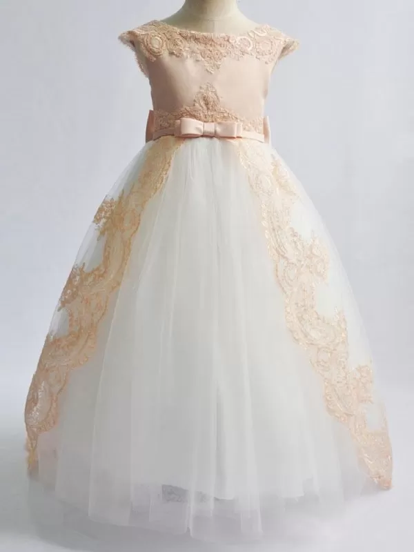 Jewel Neck Satin Sleeveless With Train Princess Lace Kids Party Dresses