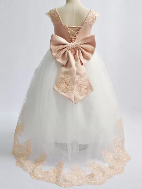 Jewel Neck Satin Sleeveless With Train Princess Lace Kids Party Dresses