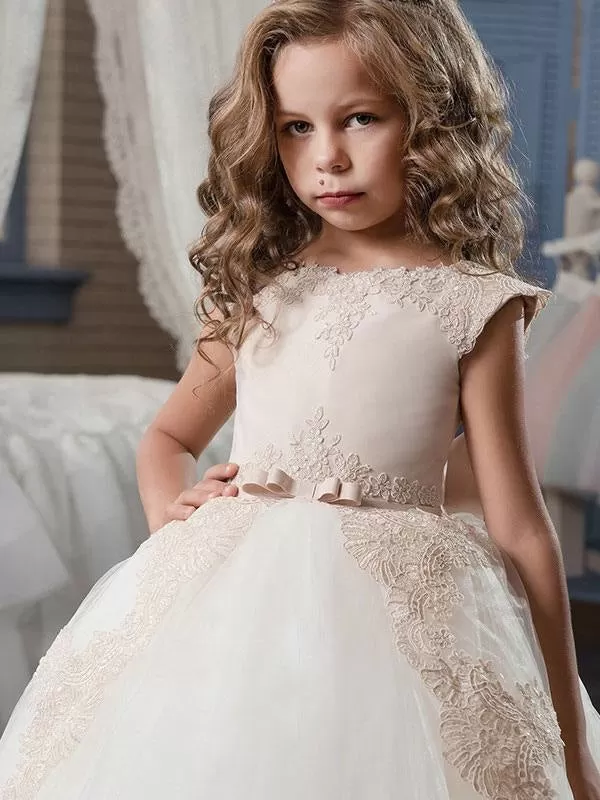 Jewel Neck Satin Sleeveless With Train Princess Lace Kids Party Dresses