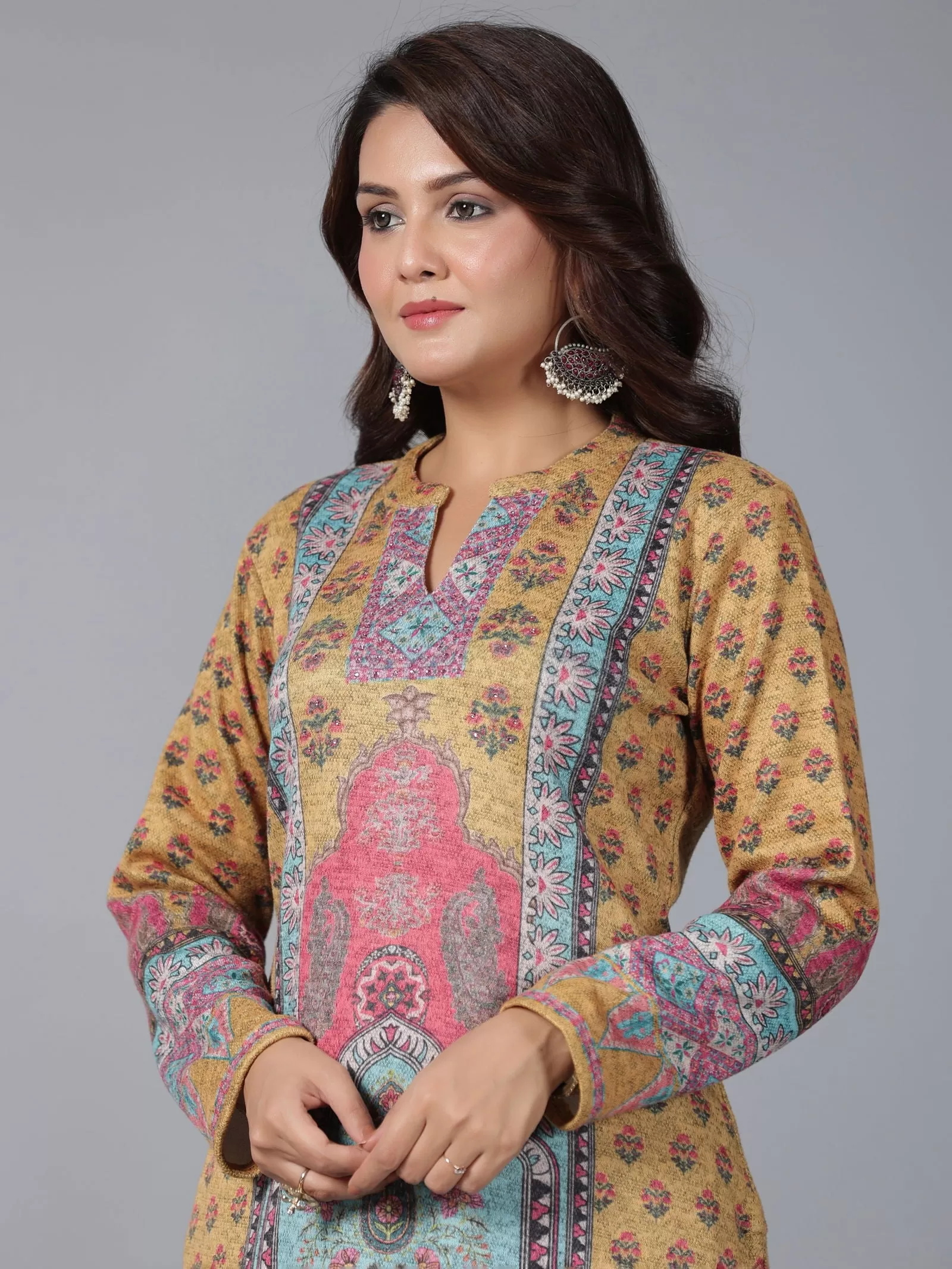 Juniper  Mustard Floral Printed Woolen Straight Kurta.