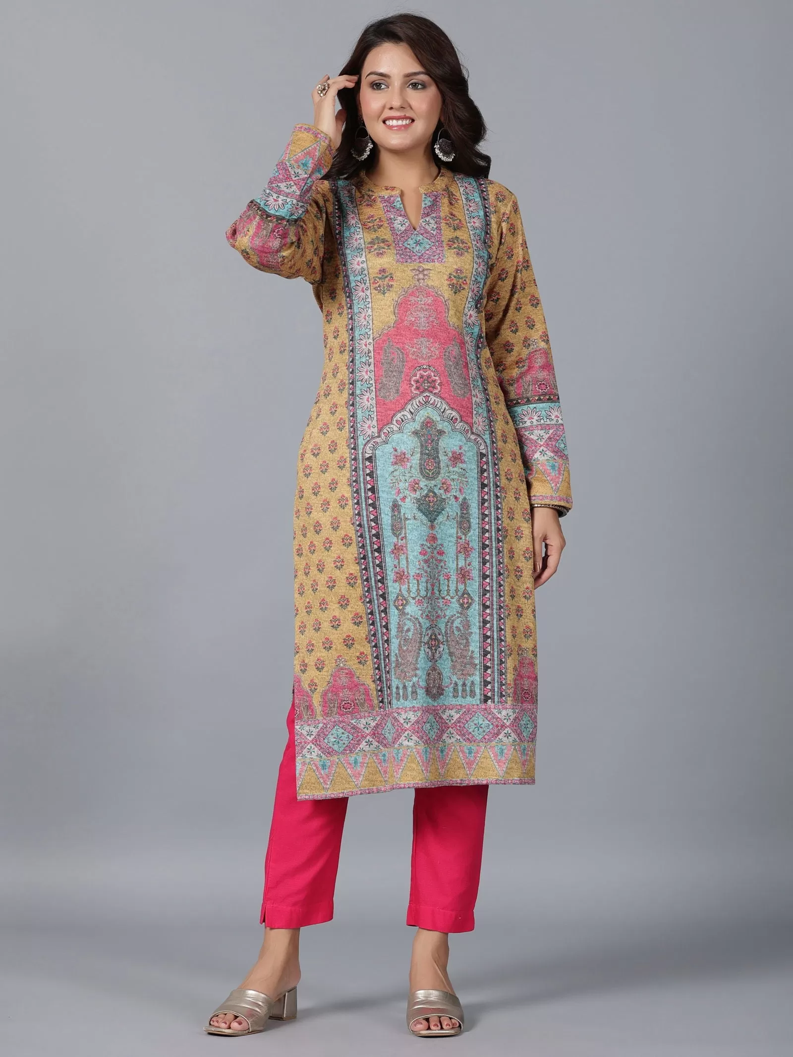 Juniper  Mustard Floral Printed Woolen Straight Kurta.