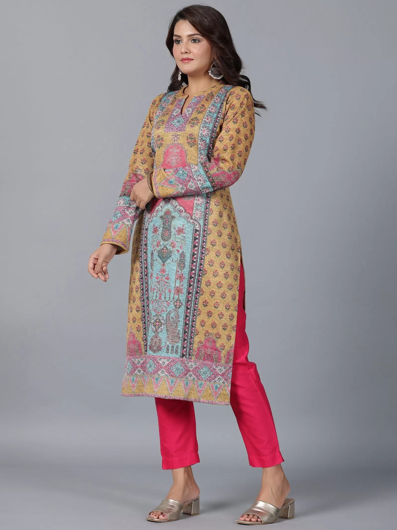 Juniper  Mustard Floral Printed Woolen Straight Kurta.