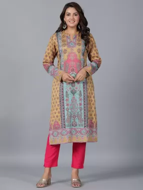 Juniper  Mustard Floral Printed Woolen Straight Kurta.