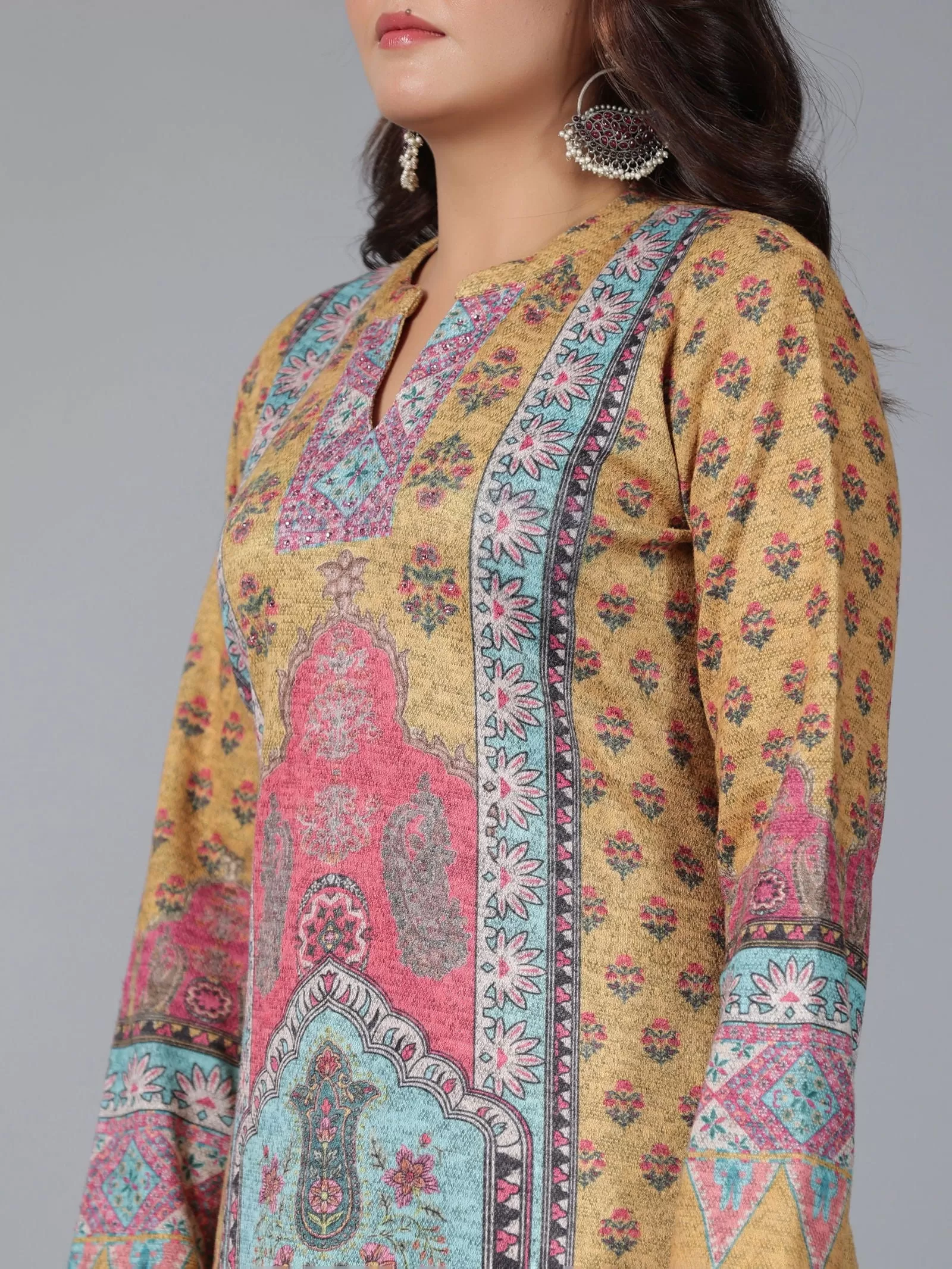 Juniper  Mustard Floral Printed Woolen Straight Kurta.