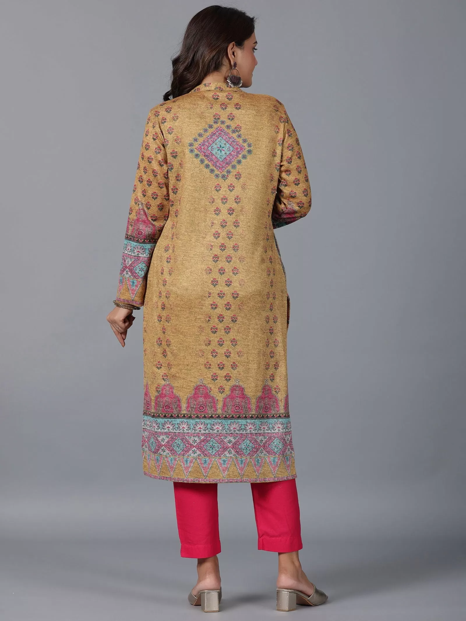 Juniper  Mustard Floral Printed Woolen Straight Kurta.