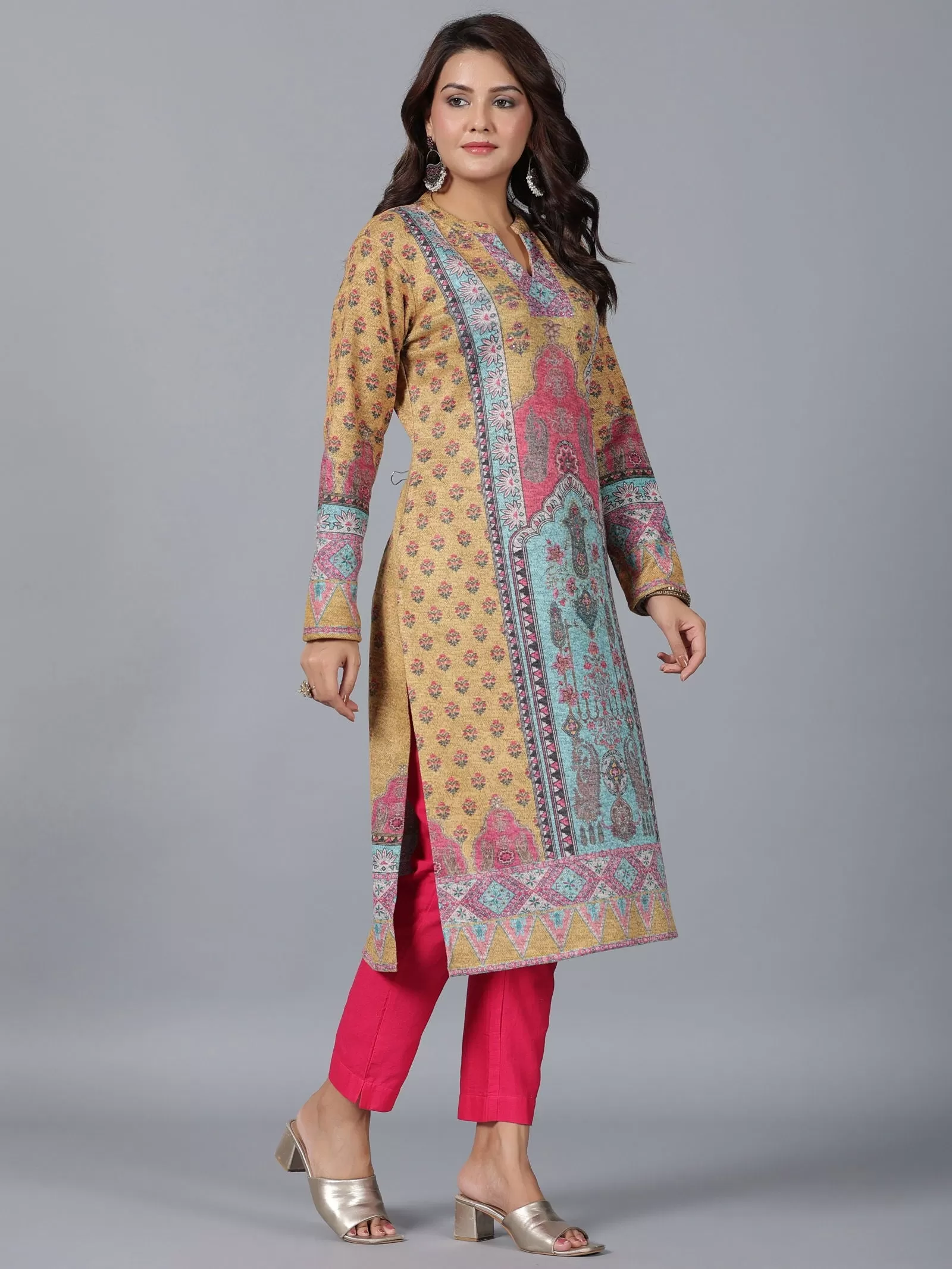 Juniper  Mustard Floral Printed Woolen Straight Kurta.