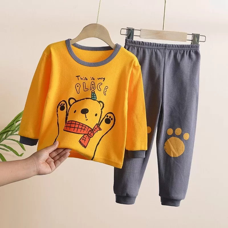 Kids Boys Girls Solid Color Cute Animal Print Long-sleeved Trousers Pajamas Set