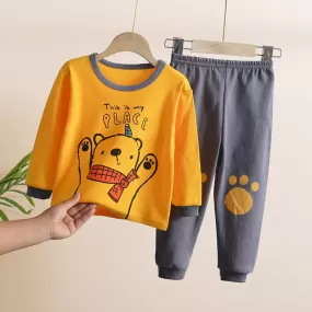 Kids Boys Girls Solid Color Cute Animal Print Long-sleeved Trousers Pajamas Set