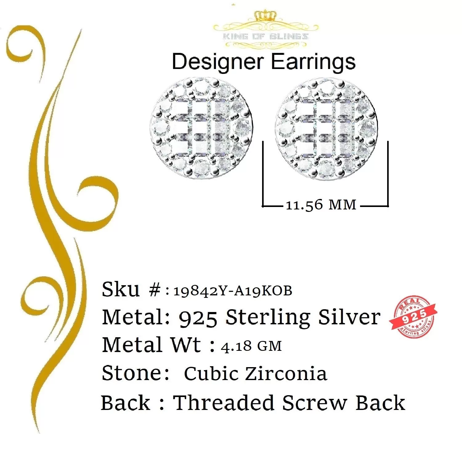 King of Bling's 3.46ct Cubic Zirconia 925 Yellow Sterling Silver Women's Hip Hop Round Earrings