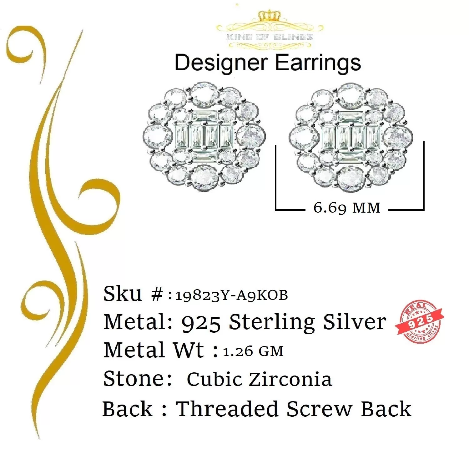 King of Bling's 925 Yellow Sterling Silver 0.74ct Cubic Zirconia Women's Hip Hop Flower Earrings