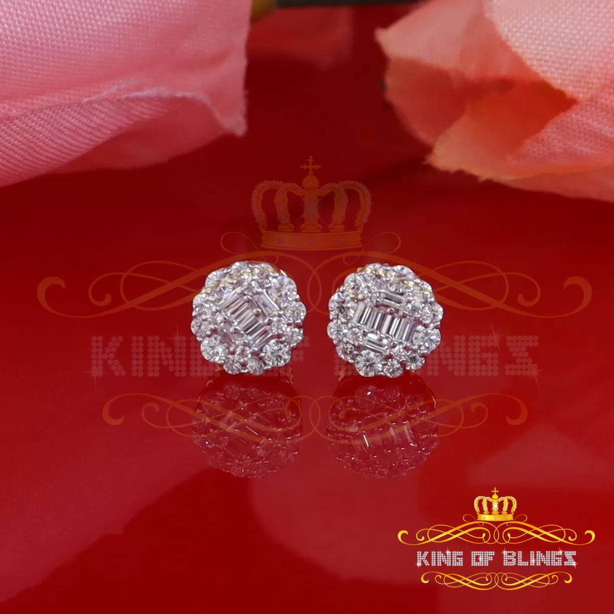 King of Bling's 925 Yellow Sterling Silver 0.74ct Cubic Zirconia Women's Hip Hop Flower Earrings