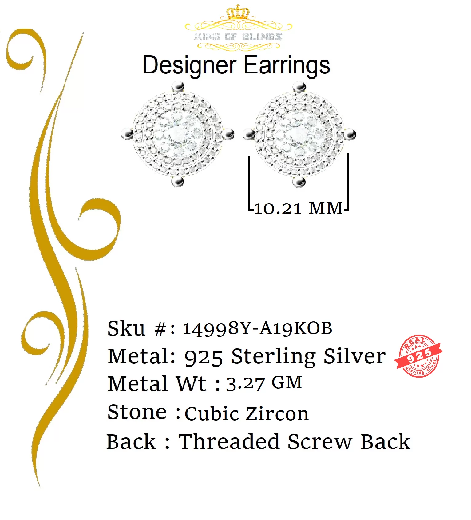 King of Bling's 925 Yellow Sterling Silver 0.83ct Cubic Zirconia Women's Hip Hop Round Earrings