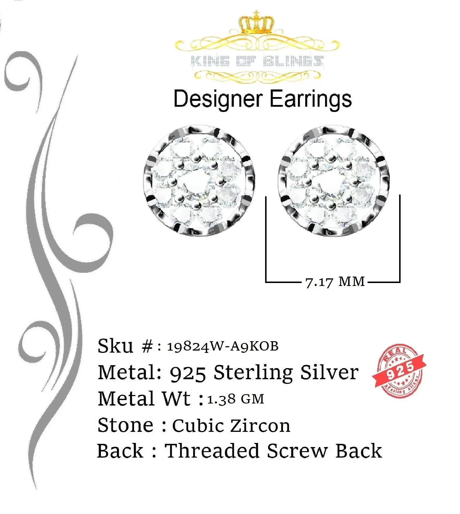 King of Blings- White 925 Silver Cubic 0.14ct Zirconia Women's & Men's Hip Hop Flower Earrings