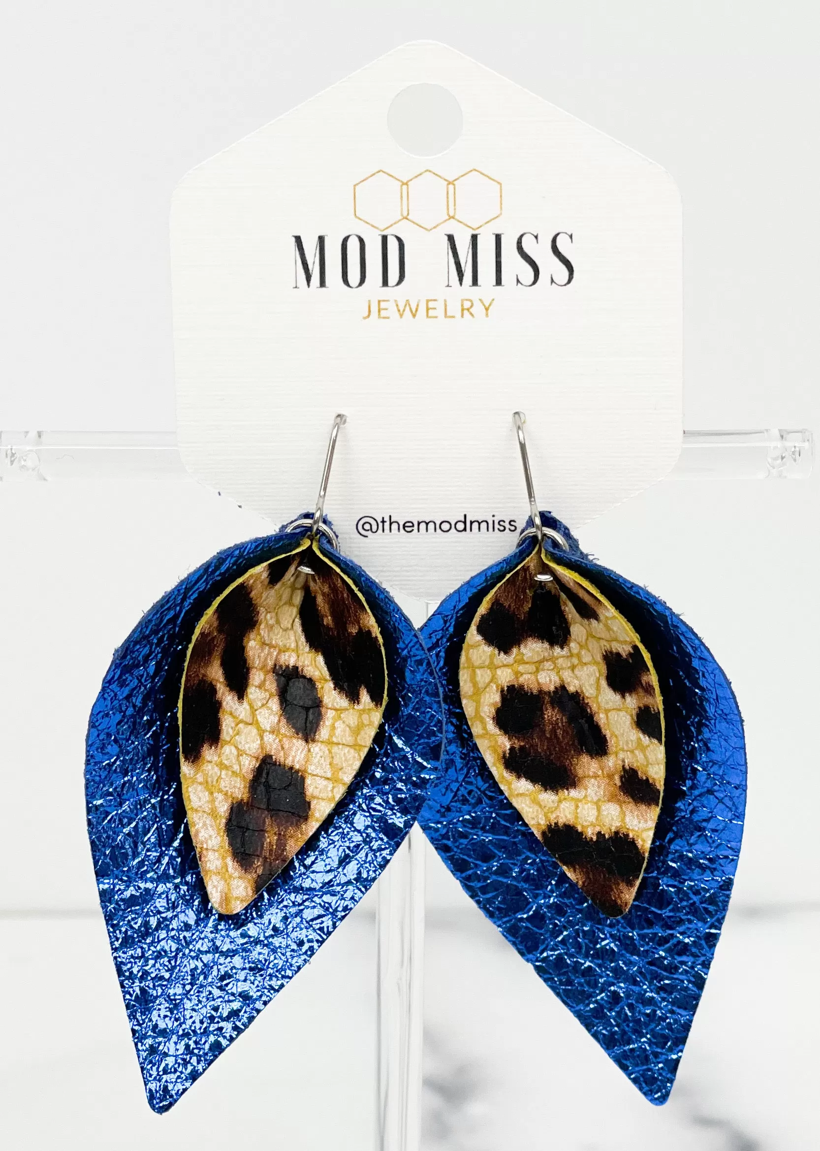 Leather Stacked Petal Earring LeopardCrackle on MetallicRoyalBlue