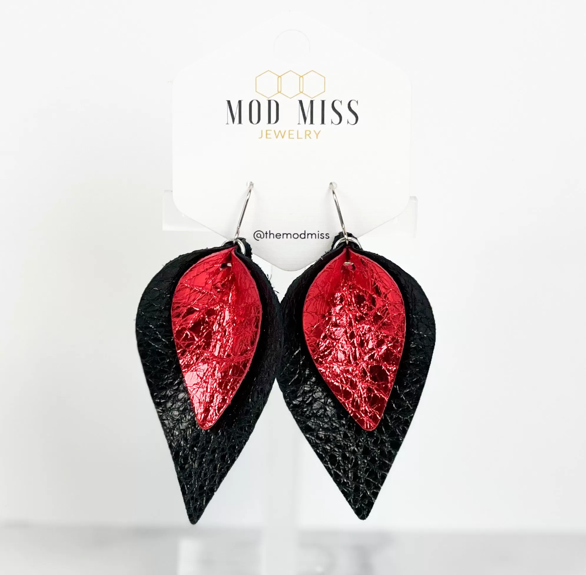 Leather Stacked Petal Earring Metallic Black on Metallic Red