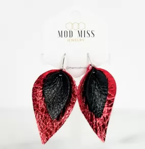 Leather Stacked Petal Earring Metallic Black on Metallic Red