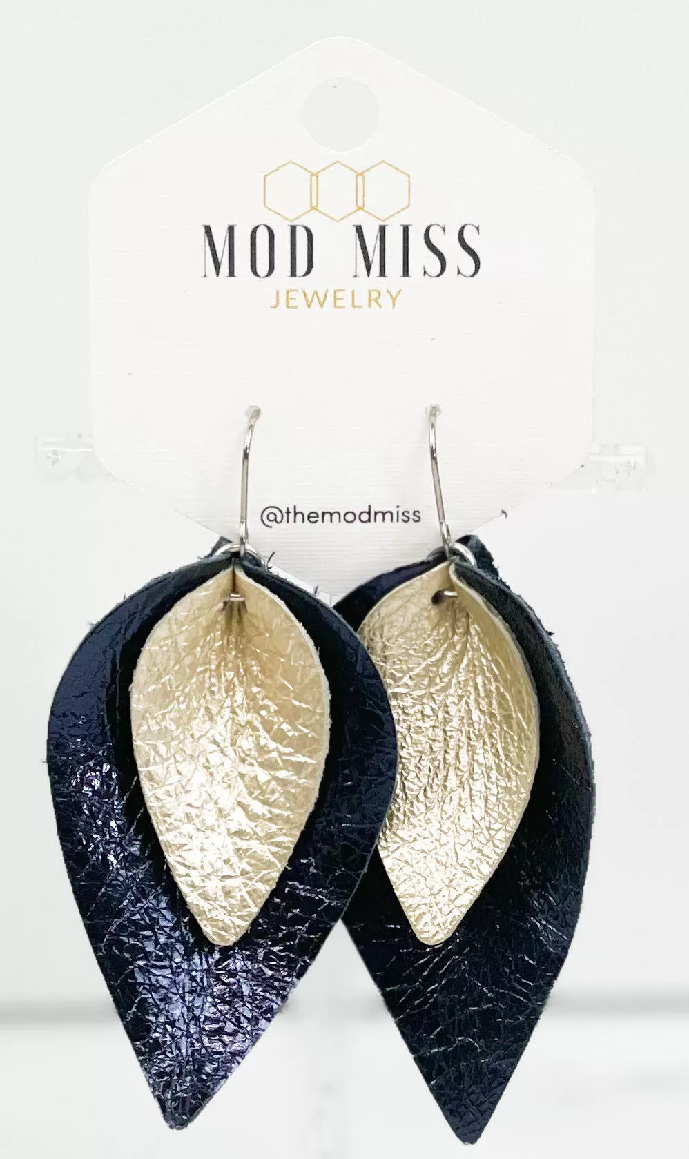 Leather Stacked Petal Earring Metallic Champagne   Metallic Navy