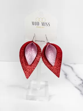 Leather Stacked Petal Earring Metallic Light Pink   Metallic Red