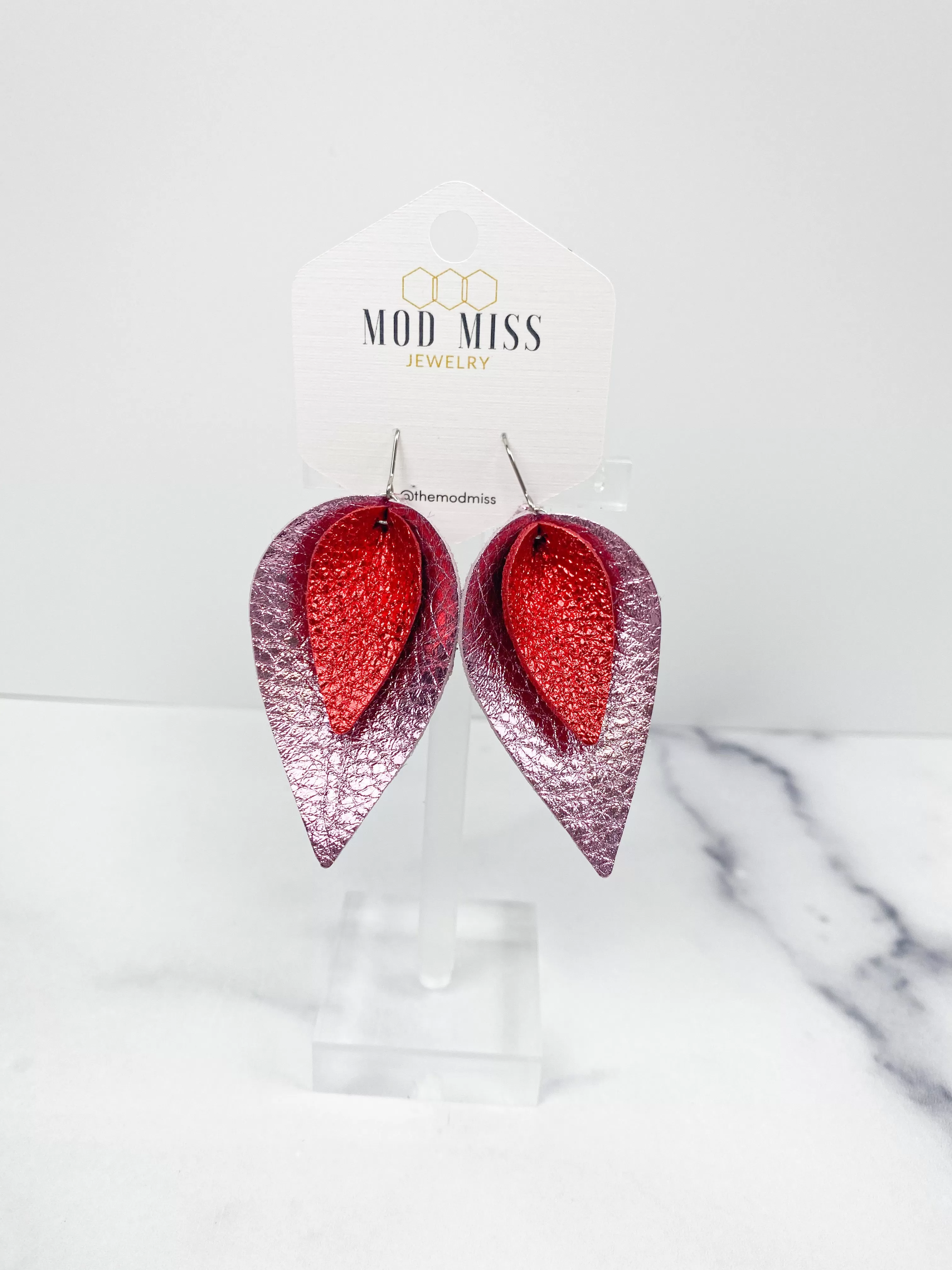 Leather Stacked Petal Earring Metallic Light Pink   Metallic Red