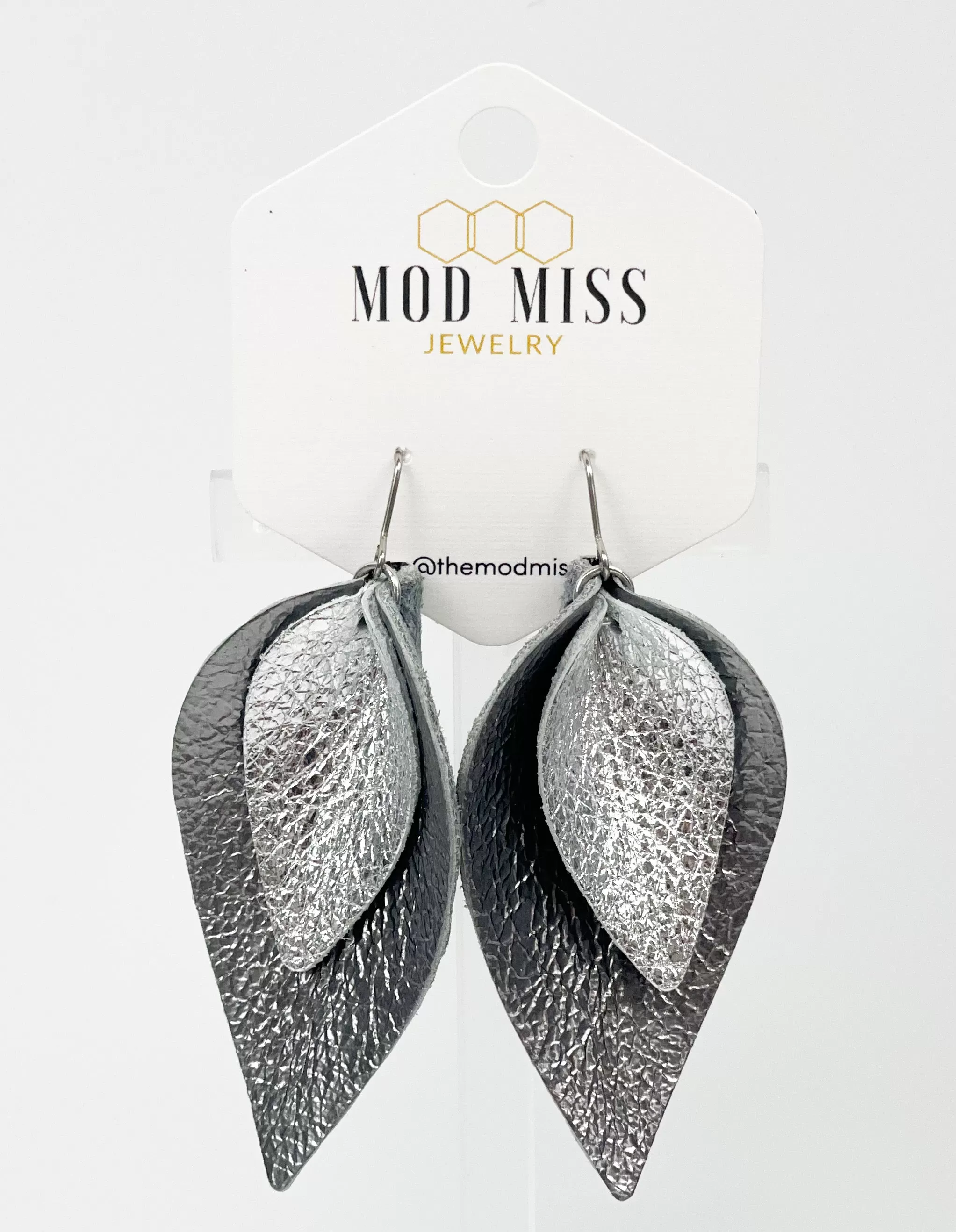 Leather Stacked Petal Earring Metallic Silver on Metallic Gunmetal