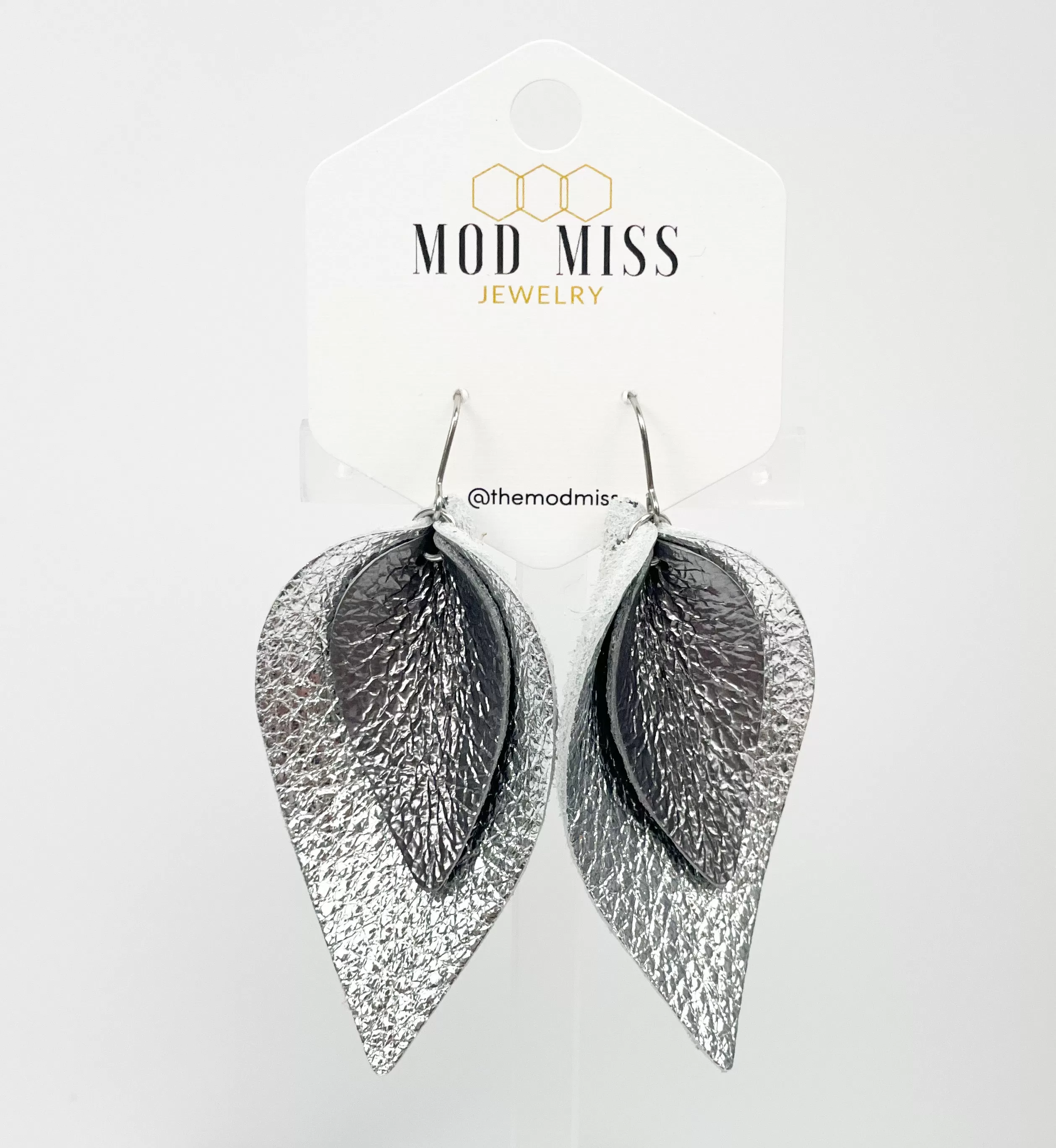 Leather Stacked Petal Earring Metallic Silver on Metallic Gunmetal