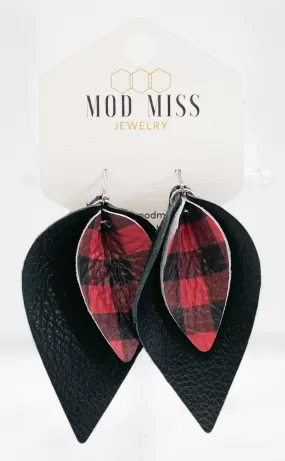 Leather Stacked Petal Earring Mini Red Buffalo Plaid   Worn Black