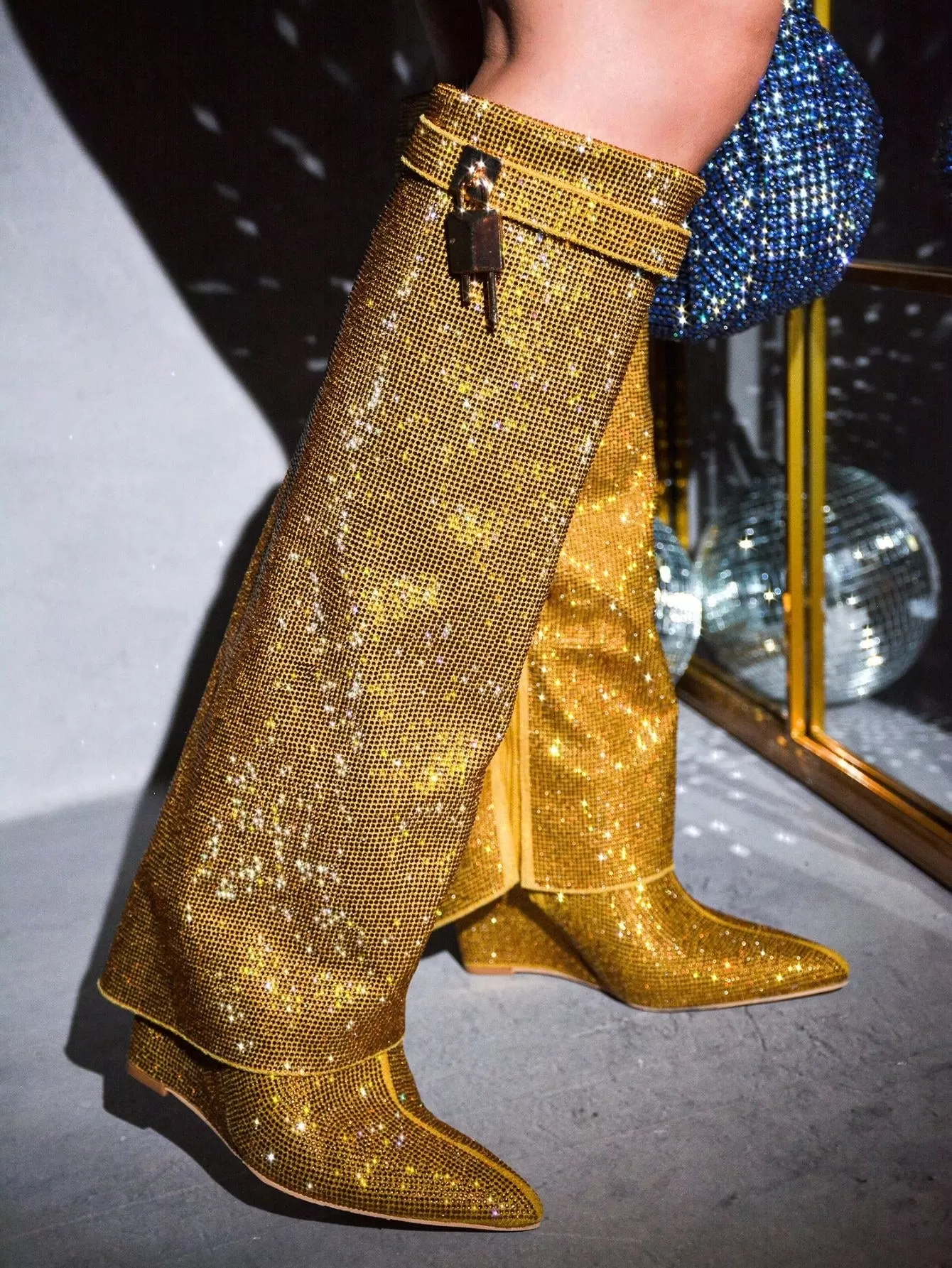 Lock Design Fold Over Rhinestone Boots