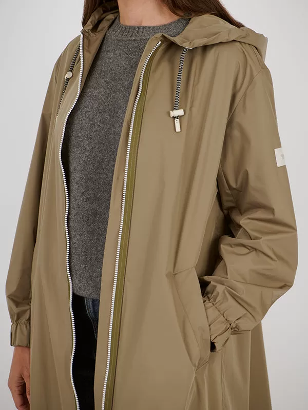 Long Belted Waterpoof Jacket in Mid Khaki