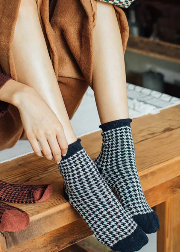 Loose Cuff Cotton Socks | Houndstooth