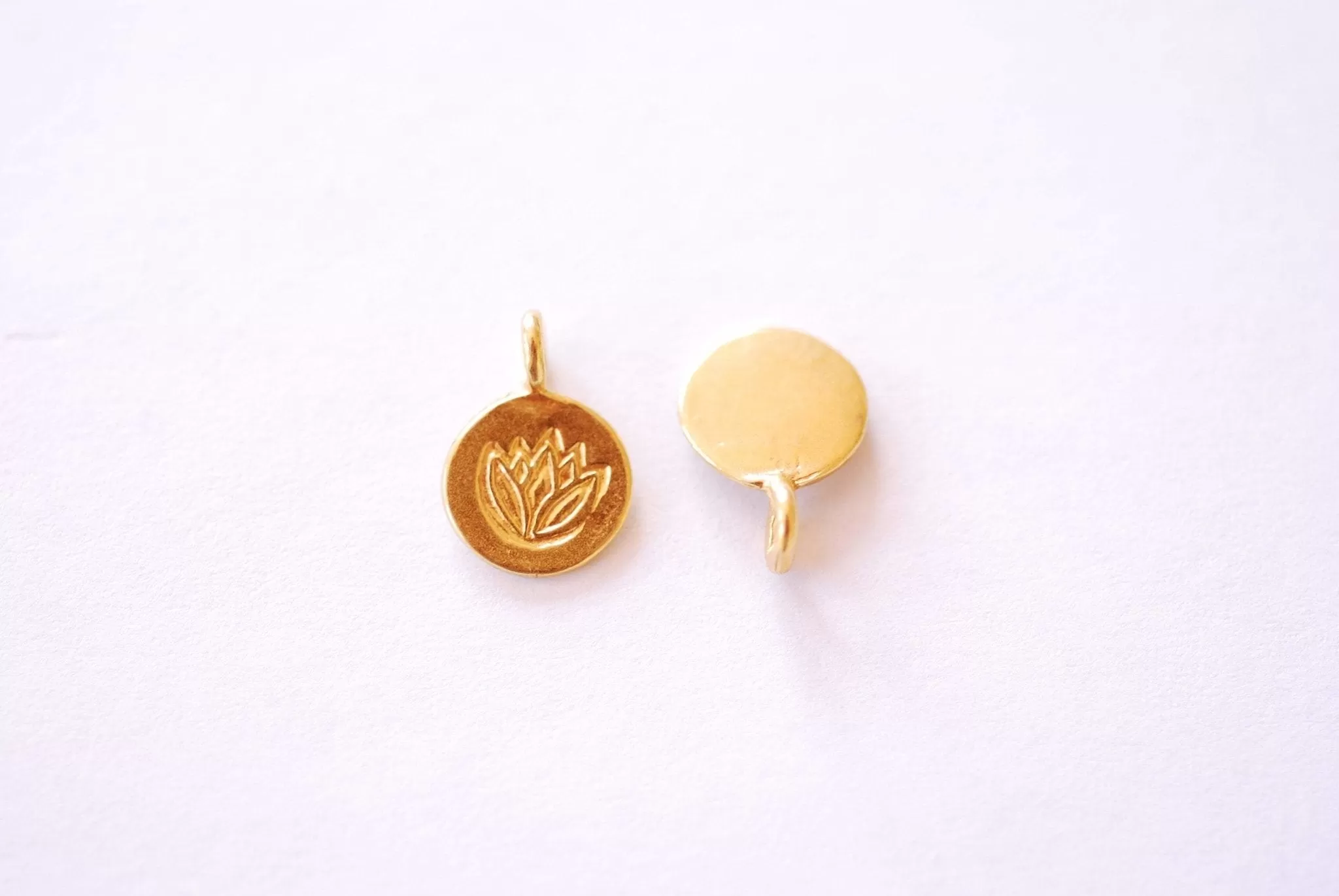 Lotus Flower Wholesale Disc Charm | 18k Gold Plated over Brass Water Lily Round Yoga Ohm Pendant HarperCrown B296