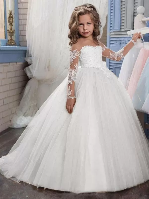 Lovely Long Sleeves Lacw Flower Girl Dresses Jewel Neck Formal Kids Party Dress