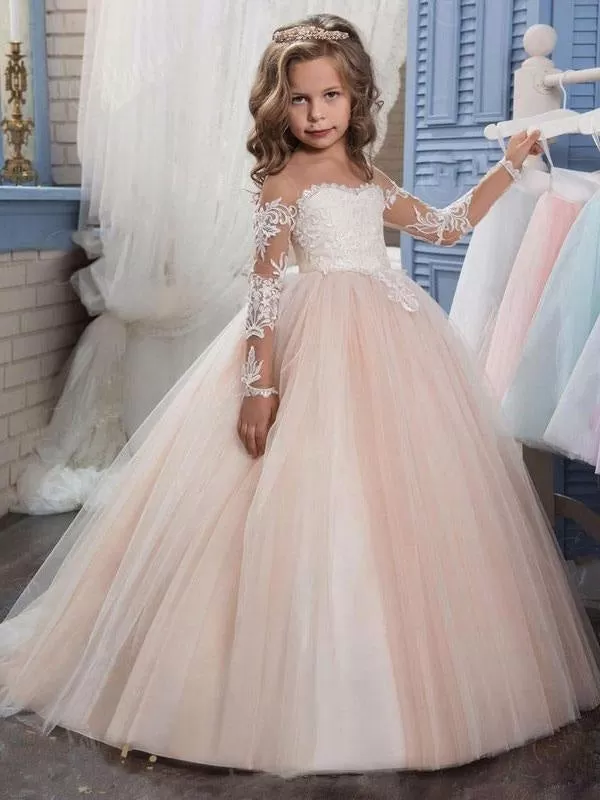 Lovely Long Sleeves Lacw Flower Girl Dresses Jewel Neck Formal Kids Party Dress