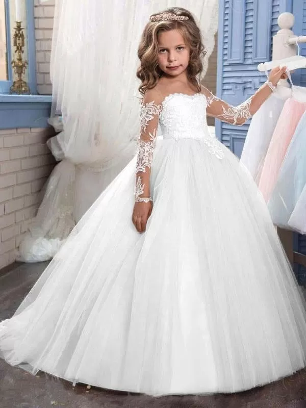 Lovely Long Sleeves Lacw Flower Girl Dresses Jewel Neck Formal Kids Party Dress