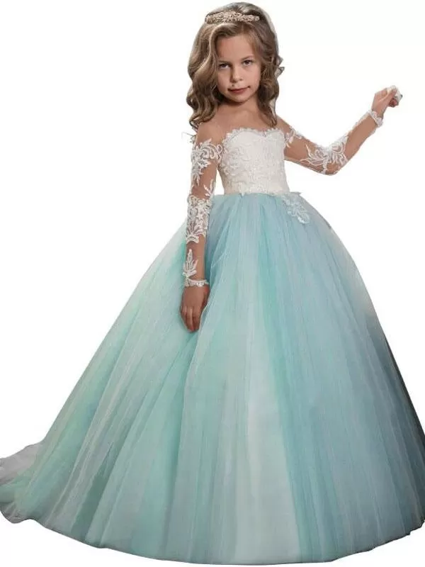 Lovely Long Sleeves Lacw Flower Girl Dresses Jewel Neck Formal Kids Party Dress