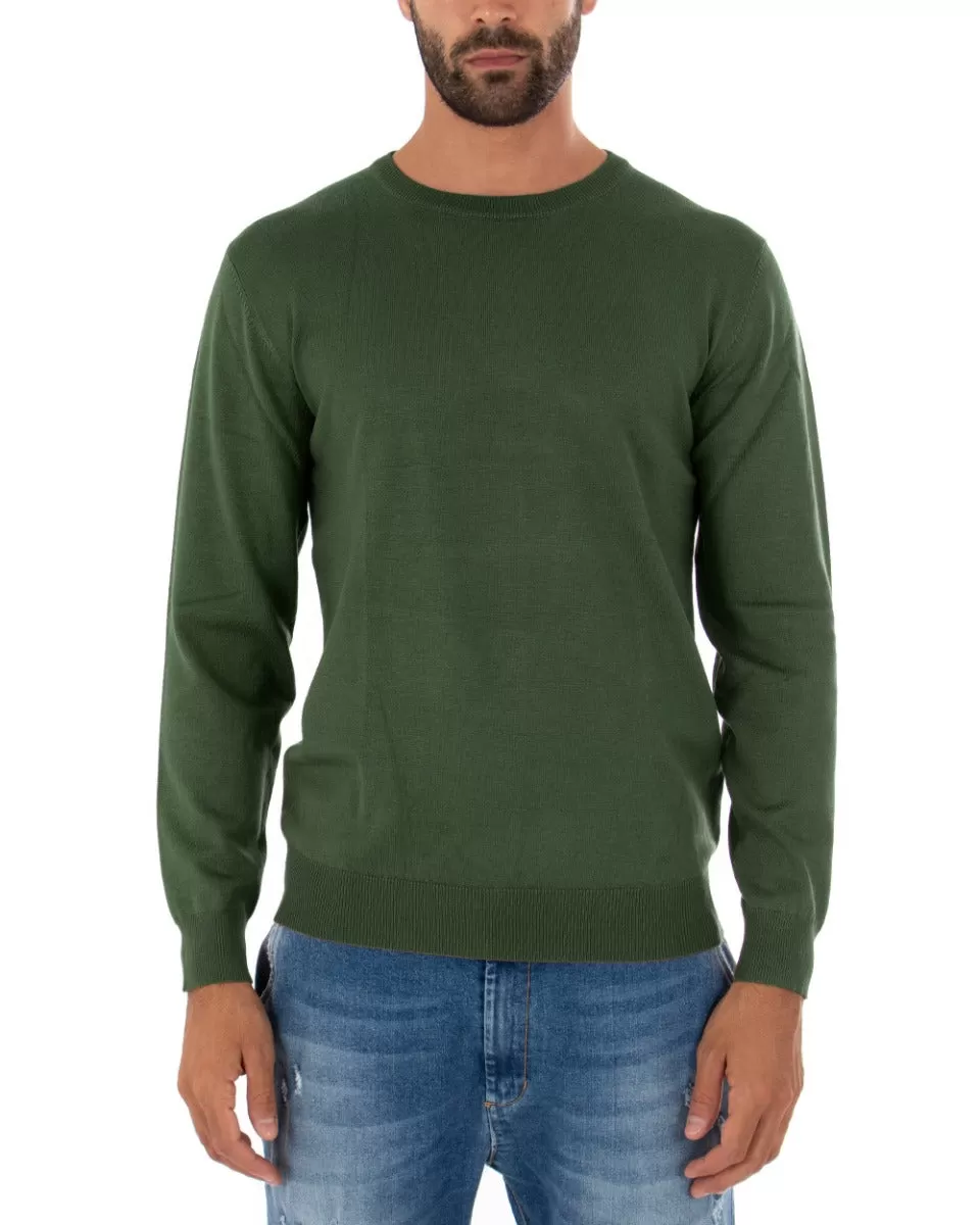 Maglioncino Uomo Casual Maglia Girocollo Tinta Unita Basic Verde Militare GIOSAL-M2496A