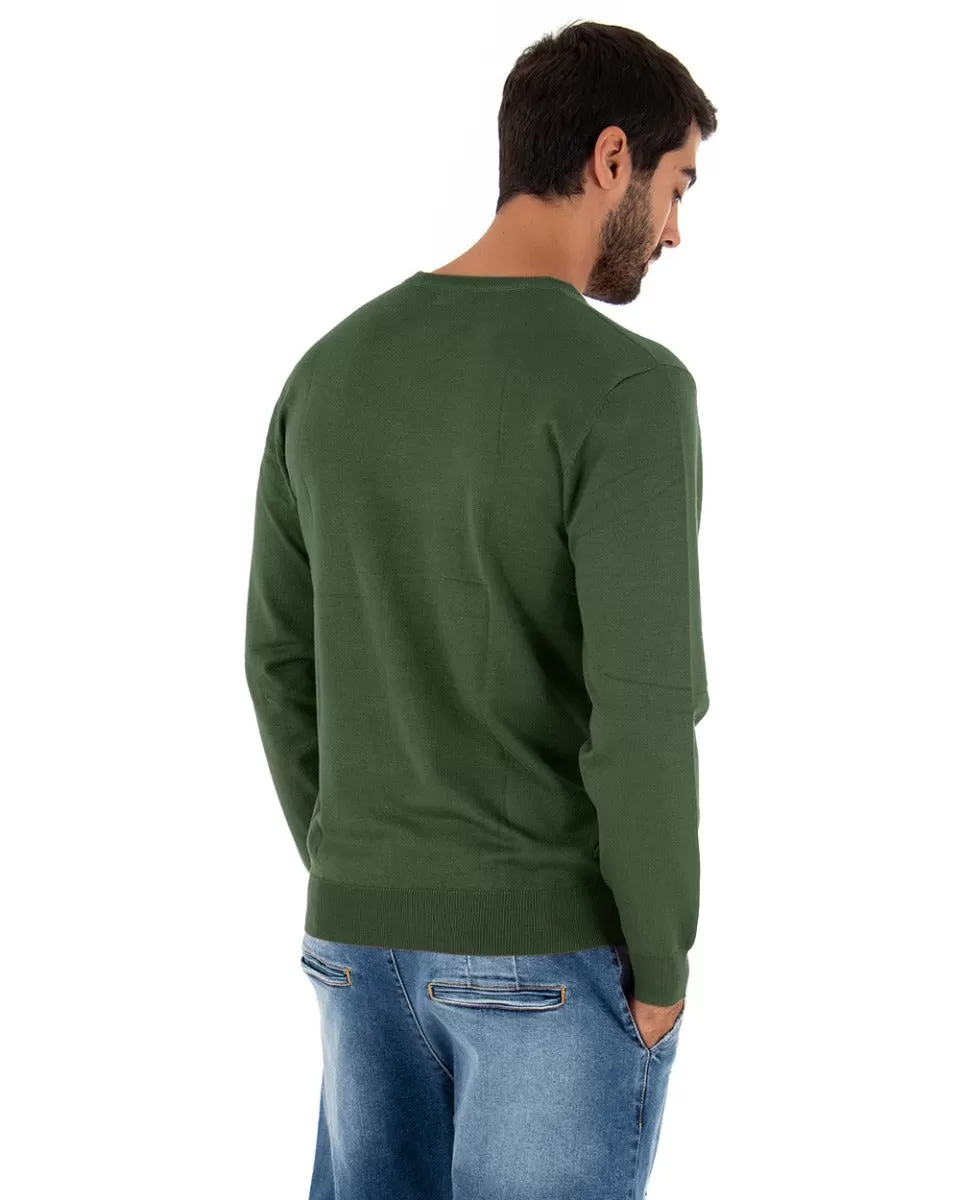 Maglioncino Uomo Casual Maglia Girocollo Tinta Unita Basic Verde Militare GIOSAL-M2496A