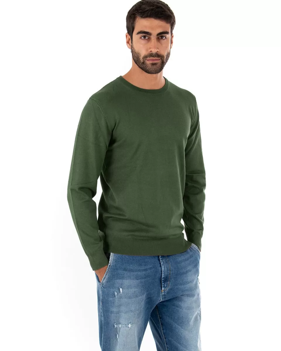 Maglioncino Uomo Casual Maglia Girocollo Tinta Unita Basic Verde Militare GIOSAL-M2496A