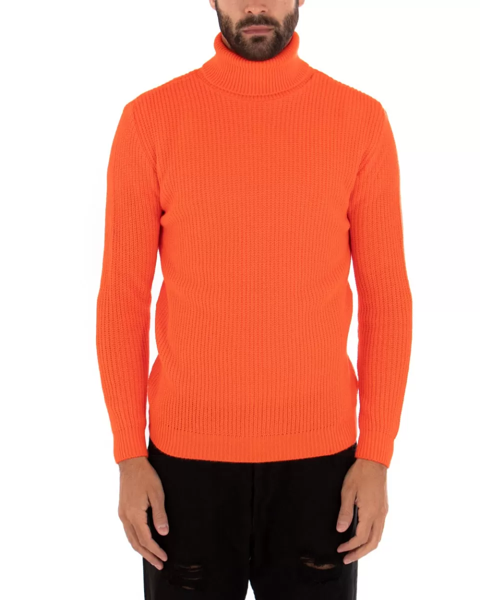 Maglioncino Uomo Collo Alto Maglia Inglese Dolcevita Arancio Fluo Pullover GIOSAL-M2437A