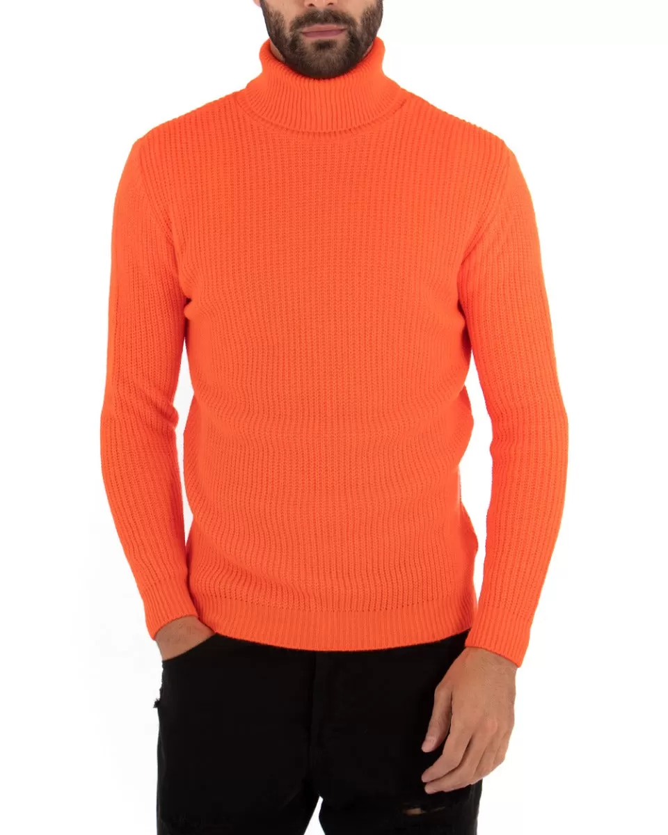 Maglioncino Uomo Collo Alto Maglia Inglese Dolcevita Arancio Fluo Pullover GIOSAL-M2437A