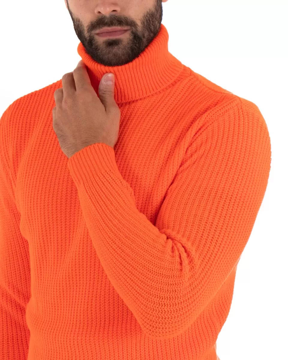 Maglioncino Uomo Collo Alto Maglia Inglese Dolcevita Arancio Fluo Pullover GIOSAL-M2437A