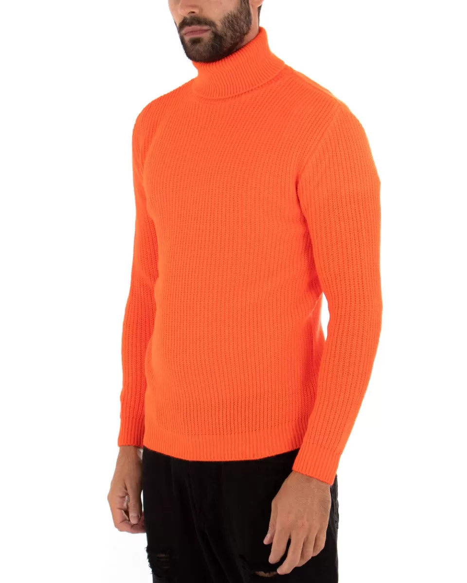 Maglioncino Uomo Collo Alto Maglia Inglese Dolcevita Arancio Fluo Pullover GIOSAL-M2437A