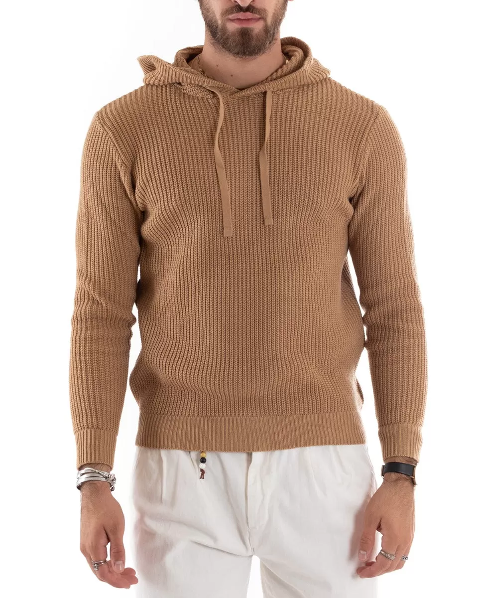 Maglioncino Uomo Maglia Con Cappuccio Tinta Unita Camel Pullover GIOSAL-M2592A