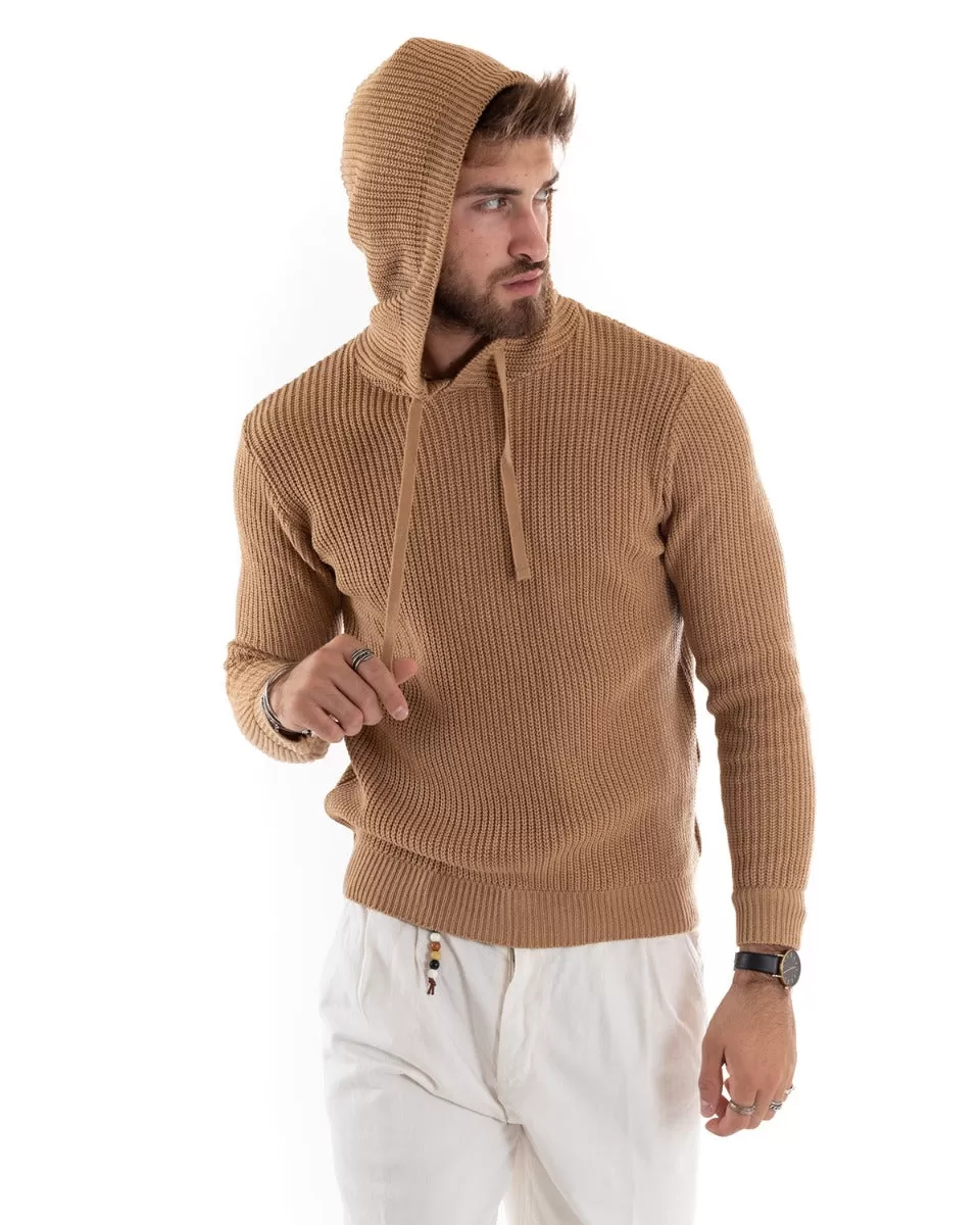 Maglioncino Uomo Maglia Con Cappuccio Tinta Unita Camel Pullover GIOSAL-M2592A