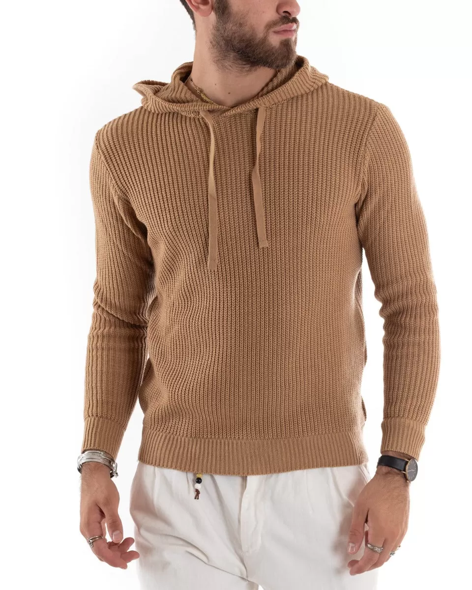 Maglioncino Uomo Maglia Con Cappuccio Tinta Unita Camel Pullover GIOSAL-M2592A