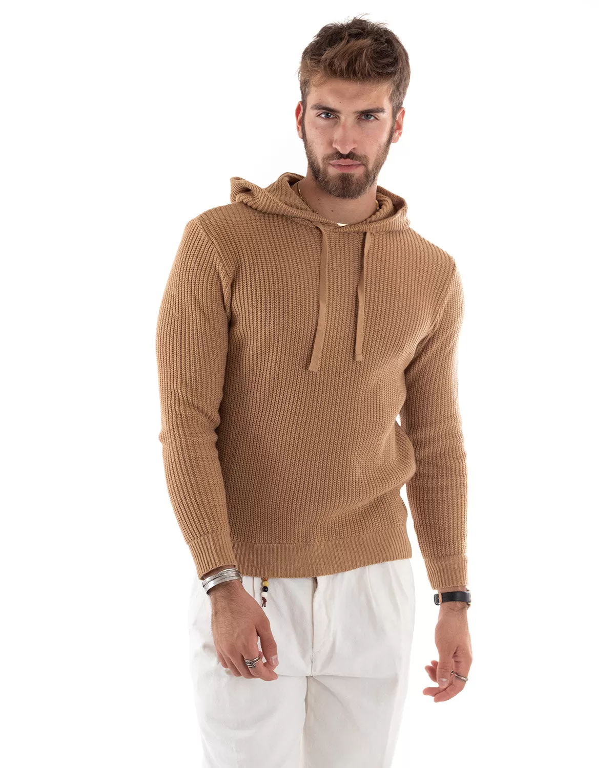 Maglioncino Uomo Maglia Con Cappuccio Tinta Unita Camel Pullover GIOSAL-M2592A