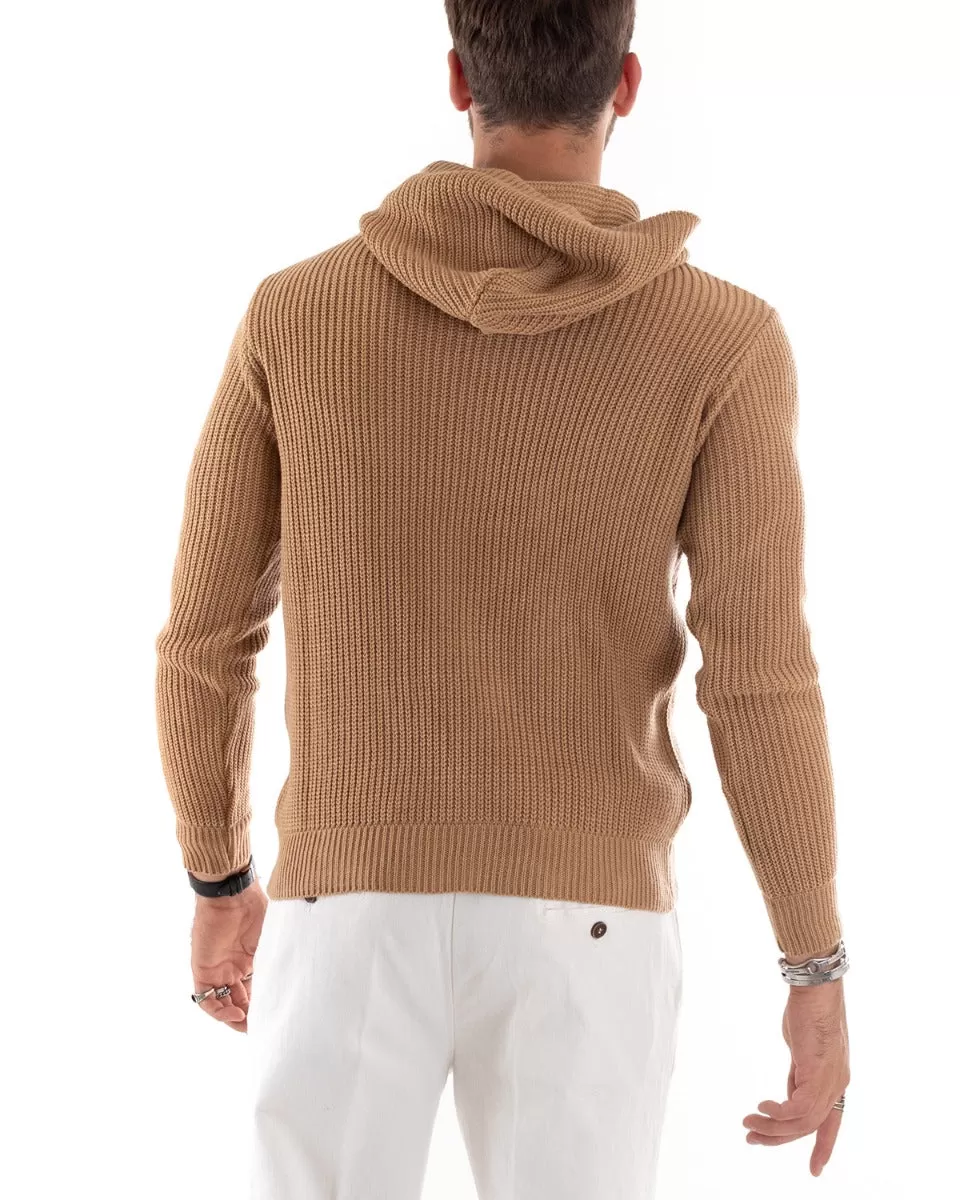 Maglioncino Uomo Maglia Con Cappuccio Tinta Unita Camel Pullover GIOSAL-M2592A